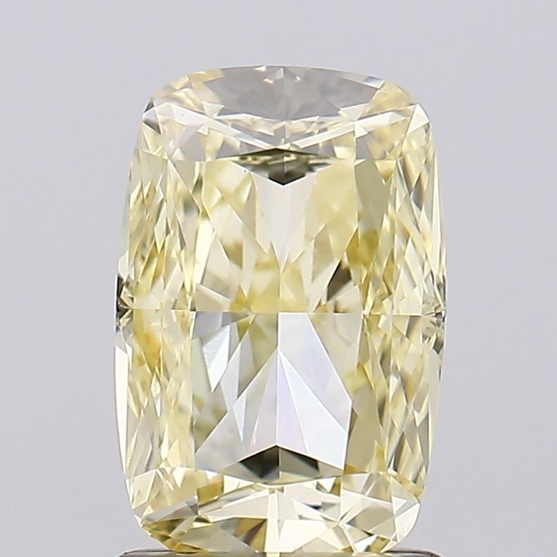 Loose Diamond - CUSHION MODIFIED 1.58ct Fancy Light Yellow VS1: Loose Diamond - CUSHION MODIFIED 1.58ct Fancy Light Yellow VS1 Source: This is a real non-mined Diamond that has been grown in a lab Shape: CUSHION MODIFIED Carats: 1.58 Color: Fancy Light Yellow Cert