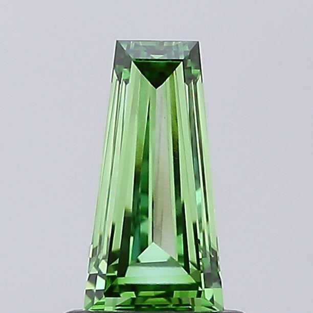 Loose Diamond - TAPERED BAGUETTE 0.82ct Fancy Vivid Green VVS2: Loose Diamond - TAPERED BAGUETTE 0.82ct Fancy Vivid Green VVS2 Source: This is a real non-mined Diamond that has been grown in a lab Shape: TAPERED BAGUETTE Carats: 0.82 Color: Fancy Vivid Green Certi