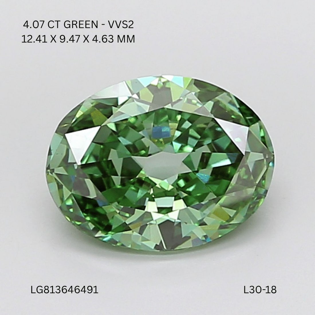 Loose Diamond - OVAL 4.07ct Fancy Vivid Green VVS2: Loose Diamond - OVAL 4.07ct Fancy Vivid Green VVS2 Source: This is a real non-mined Diamond that has been grown in a lab Shape: OVAL Carats: 4.07 Color: Fancy Vivid Green Certification: IGI Video: