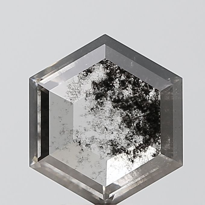 Loose Diamond - HEXAGONAL 2.11ct Salt and Pepper I1: Loose Diamond - HEXAGONAL 2.11ct Salt and Pepper I1 Source: This is a real non-mined Diamond that has been grown in a lab Shape: HEXAGONAL Carats: 2.11 Color: Salt and Pepper Certification: NONE Video