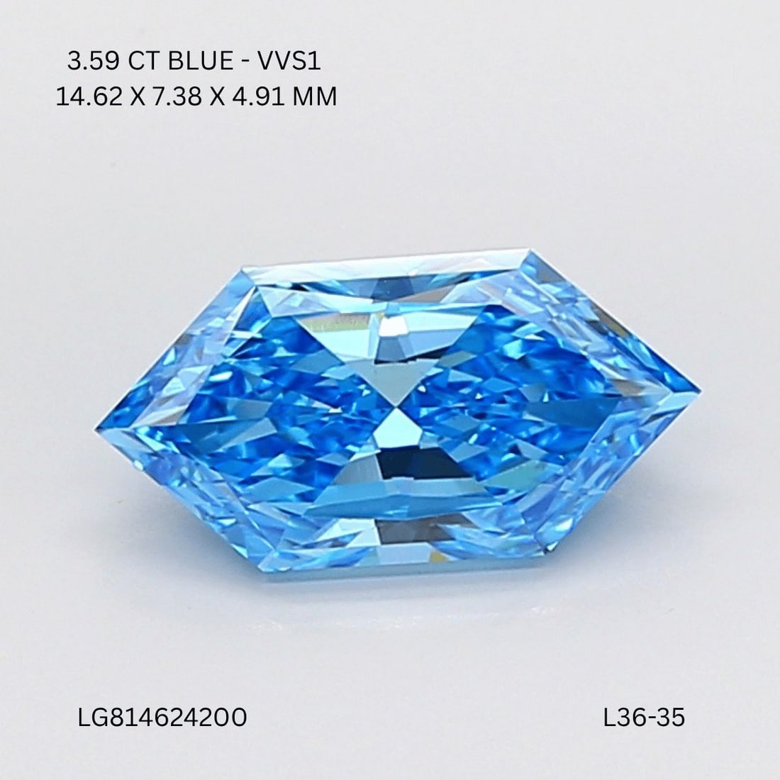 Loose Diamond - HEXAGONAL 3.59ct Fancy Vivid Blue VVS1: Loose Diamond - HEXAGONAL 3.59ct Fancy Vivid Blue VVS1 Source: This is a real non-mined Diamond that has been grown in a lab Shape: HEXAGONAL Carats: 3.59 Color: Fancy Vivid Blue Certification: IGI Vi