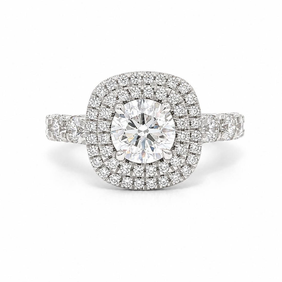 Platinum Cocktail Ring with GIA 1.30ct F SI2 Diamond Cushion Halo: Platinum Cocktail Ring with GIA 1.30ct F SI2 Diamond Cushion Halo Un-used women's cocktail ring featuring a natural round brilliant diamond at the center, accented by a dual cushion halo of additional