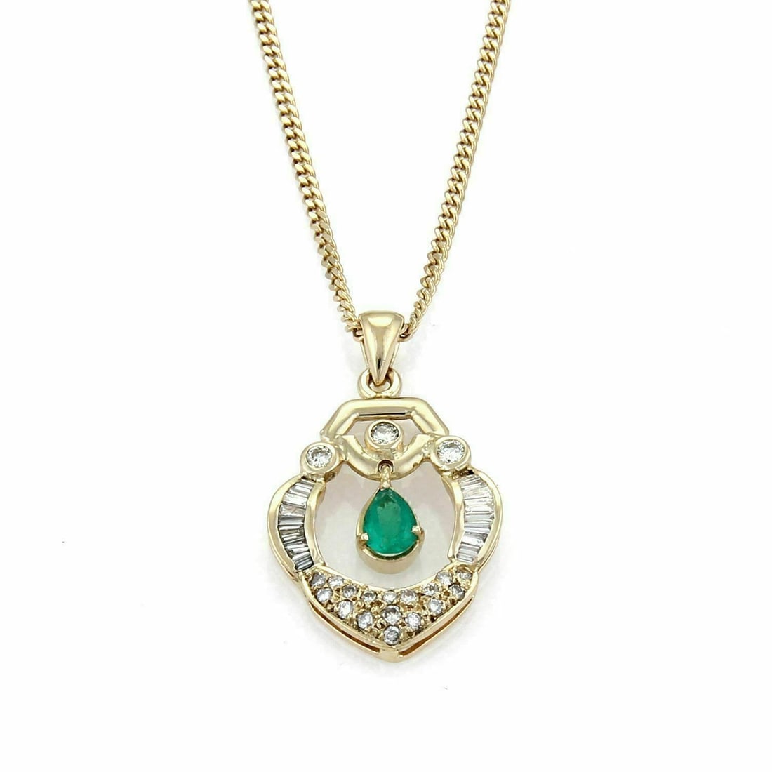 Unbranded 18k Yellow Gold Diamond Emerald Geometric Pendant Necklace 17": Unbranded 18k Yellow Gold Diamond Emerald Geometric Pendant Necklace 17" Vintage estate pendant necklace in polished 18k yellow gold featuring an open octagon geometric design with round and baguette-