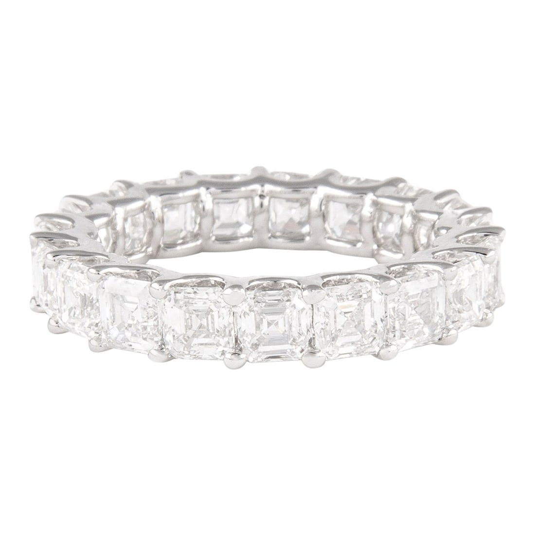 Platinum Eternity Ring 3.25ct Asscher Diamond Size 5.25: Platinum Eternity Ring 3.25ct Asscher Diamond Size 5.25 Modern eternity band featuring 21 Asscher cut white diamonds totaling 3.25 ct. The diamonds are graded D/E color and VVS clarity, set in platinu