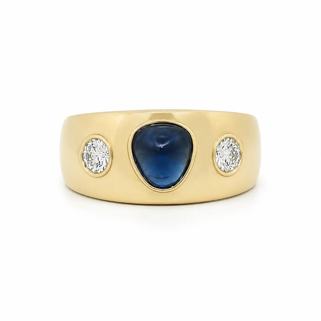 Wide 18k Yellow Gold Band Ring with Gubelin Sapphire and Diamonds: Wide 18k Yellow Gold Band Ring with Gubelin Sapphire and Diamonds Custom-made wide band ring crafted in solid 18k yellow gold, featuring a natural triangular cabochon blue sapphire accented by two nat
