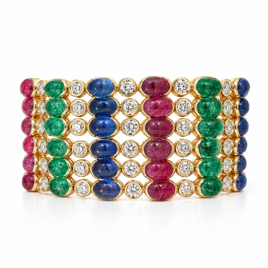 17-18k Yellow Gold 6 Strand Bracelet with Emerald Ruby Sapphire Diamonds: 17-18k Yellow Gold 6 Strand Bracelet with Emerald Ruby Sapphire Diamonds Vintage six-strand wide bracelet crafted in solid yellow gold and set with natural rubies, sapphires, emeralds, and diamonds. T