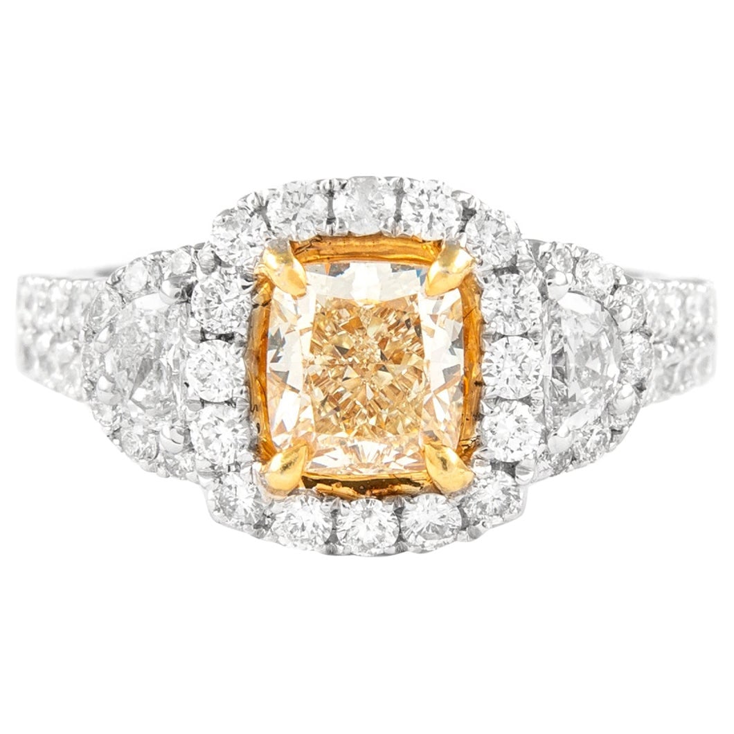 18k Gold Fancy Yellow Diamond Ring 2.27ctt VS1: 18k Gold Fancy Yellow Diamond Ring 2.27ctt VS1 Contemporary three-stone ring featuring an EGL-certified Fancy Yellow VS1 cushion-cut diamond at center, accented by half moon and round brilliant diamon