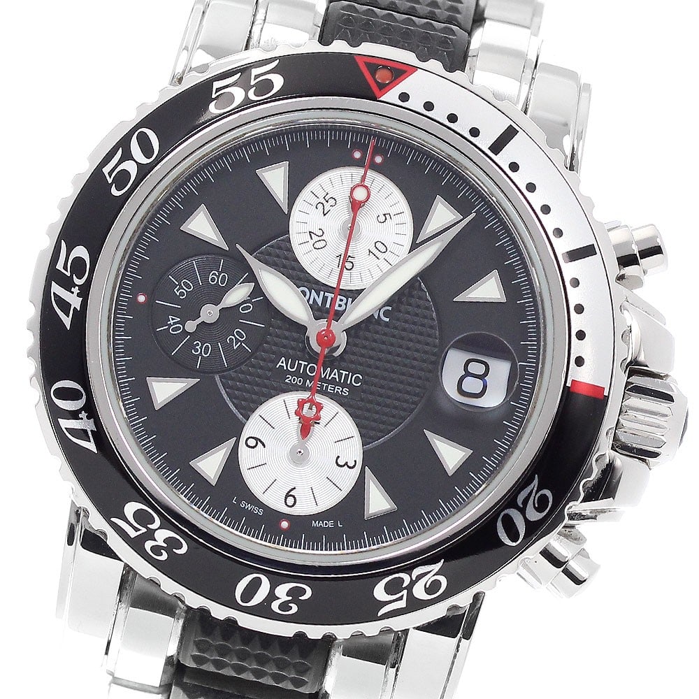 Montblanc Meisterstuck 7034 automatic chronograph wristwatch for men: Montblanc Meisterstuck 7034 automatic chronograph wristwatch for men Montblanc Meisterstuck 7034 automatic men's wristwatch with a black dial and stainless steel case. This chronograph model features 