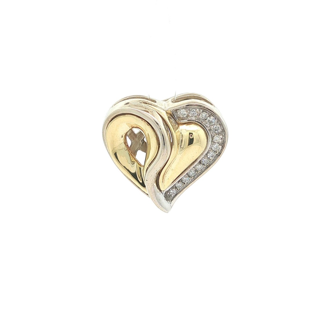 Puffed Heart Diamond Slide Pendant in 14k Yellow and White Gold: Puffed Heart Diamond Slide Pendant in 14k Yellow and White Gold Pre-owned puffed slide heart pendant crafted in 14k yellow and white gold and set with natural diamonds. This women's pendant features a