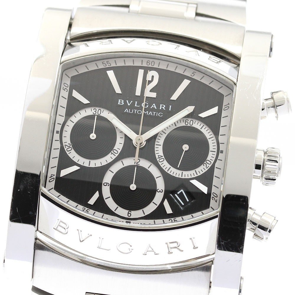 BVLGARI Assioma AA48SCH mens stainless steel chronograph watch: BVLGARI Assioma AA48SCH mens stainless steel chronograph watch BVLGARI Assioma men's wristwatch with automatic movement, black dial, and chronograph, date, and small seconds functions. This watch-only