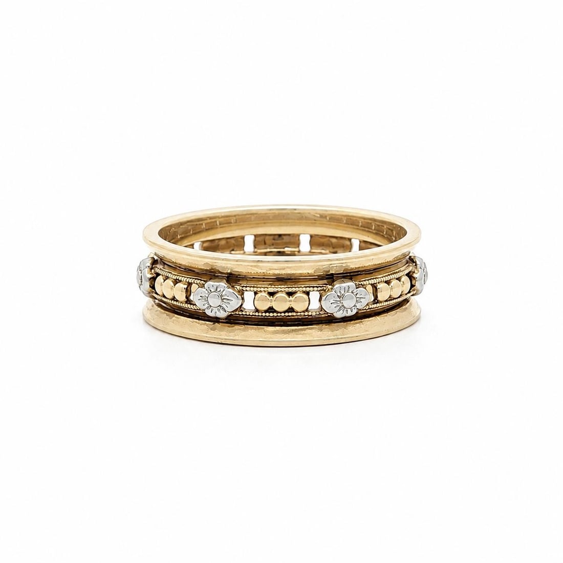 Antique 14k Yellow Gold Band Ring White Gold Floral Beaded Size 6.5: Antique 14k Yellow Gold Band Ring White Gold Floral Beaded Size 6.5 Antique band ring crafted in solid yellow gold with white gold accents, featuring a beaded floral open concave work design. This wom