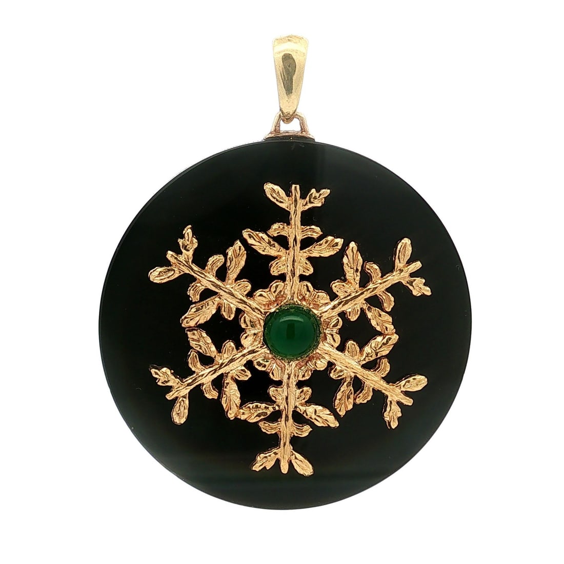 14k Yellow Gold Onyx Pendant with Green Cabochon 1.9in: 14k Yellow Gold Onyx Pendant with Green Cabochon 1.9in Large pendant crafted in solid 14k yellow gold with a natural black onyx disk and a natural green onyx cabochon accent. The detailed snowflake-st