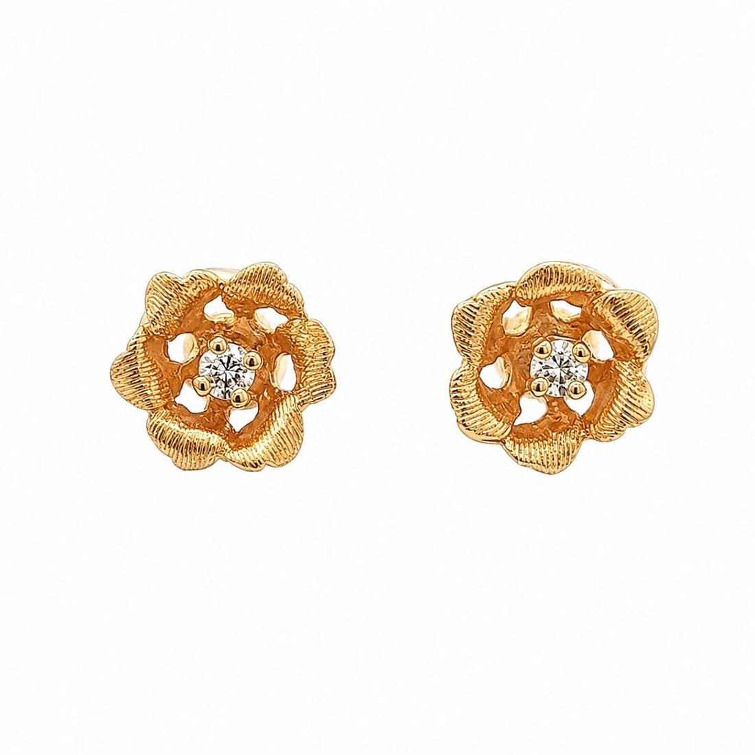 14k Yellow Gold Rose Flower Stud Earrings with 2 Diamonds (1 of 8)