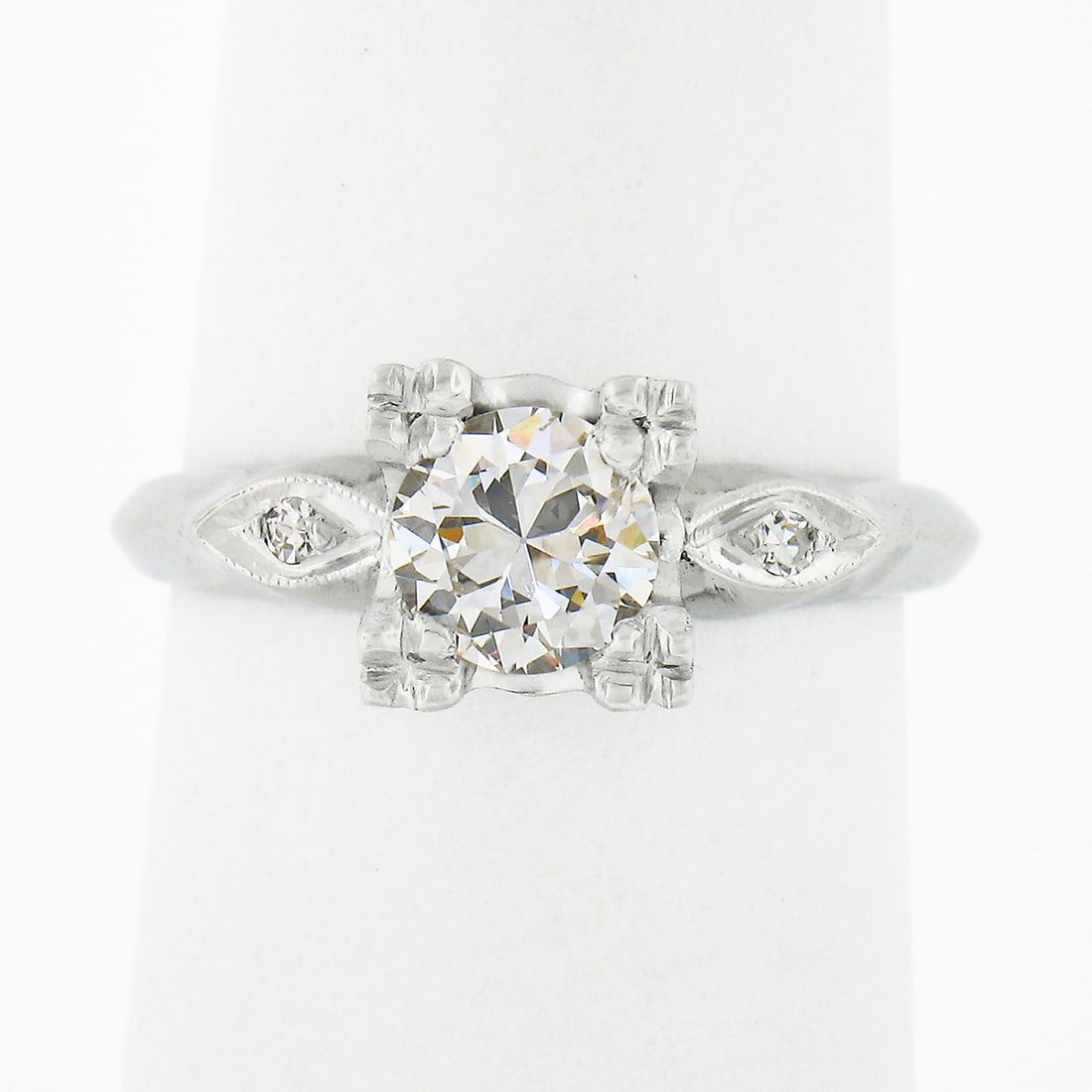 Retro platinum engagement ring with 0.73ctw old European diamond accents (1 of 9)