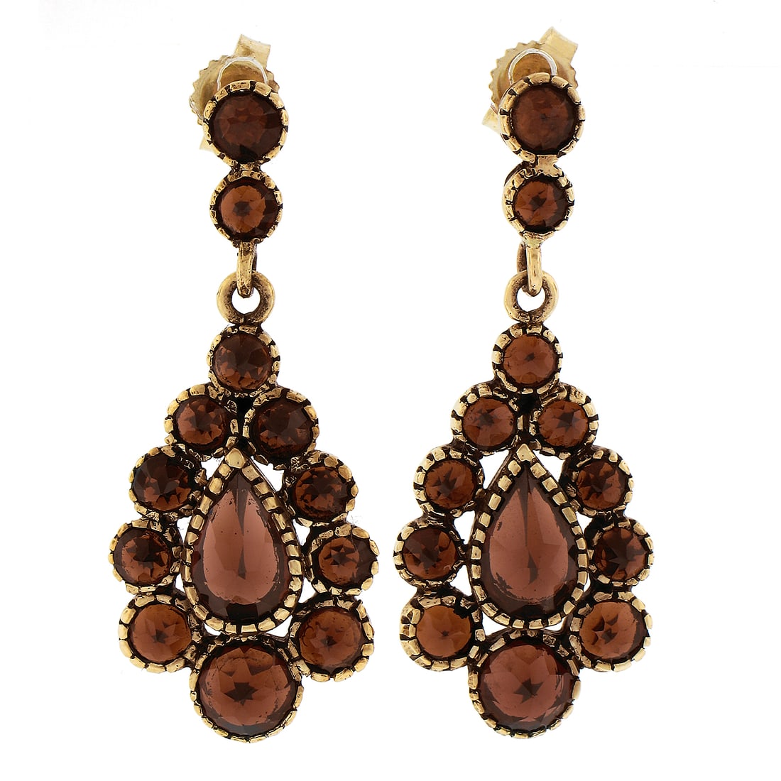 Vintage 13k Yellow Gold Garnet Teardrop Dangle Earrings: Vintage 13k Yellow Gold Garnet Teardrop Dangle Earrings Enhance your jewelry collection with these vintage yellow gold dangle earrings featuring a stunning upside-down prong set design. Crafted from s