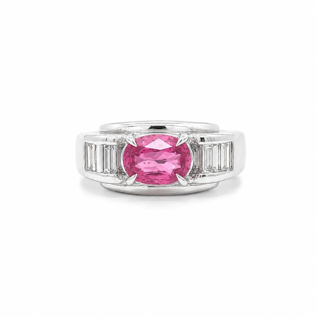 GIA Certified No Heat Pink Sapphire Diamond Platinum Cocktail Ring 2.4ctw: GIA Certified No Heat Pink Sapphire Diamond Platinum Cocktail Ring 2.4ctw Vintage cocktail ring crafted in solid PT900 platinum and set with an oval natural pink sapphire accented by straight baguette