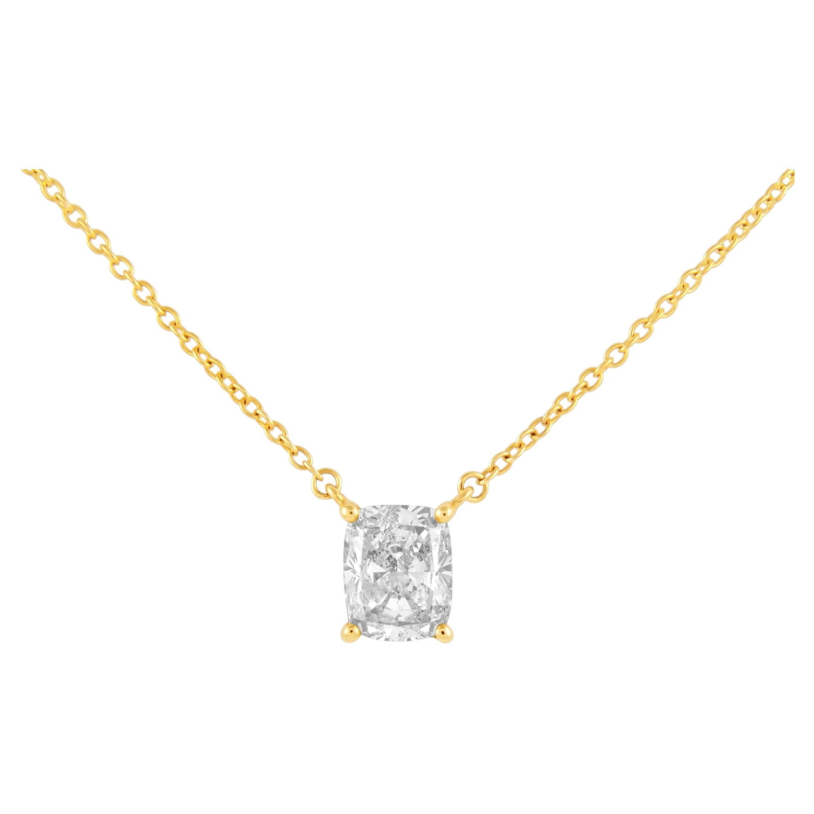 14K Yellow Gold Diamond Solitaire Necklace EGL 1.52ct: 14K Yellow Gold Diamond Solitaire Necklace EGL 1.52ct EGL-certified natural diamond solitaire pendant necklace in 14k yellow gold, featuring a 1.52 ct cushion brilliant cut white diamond. This modern 