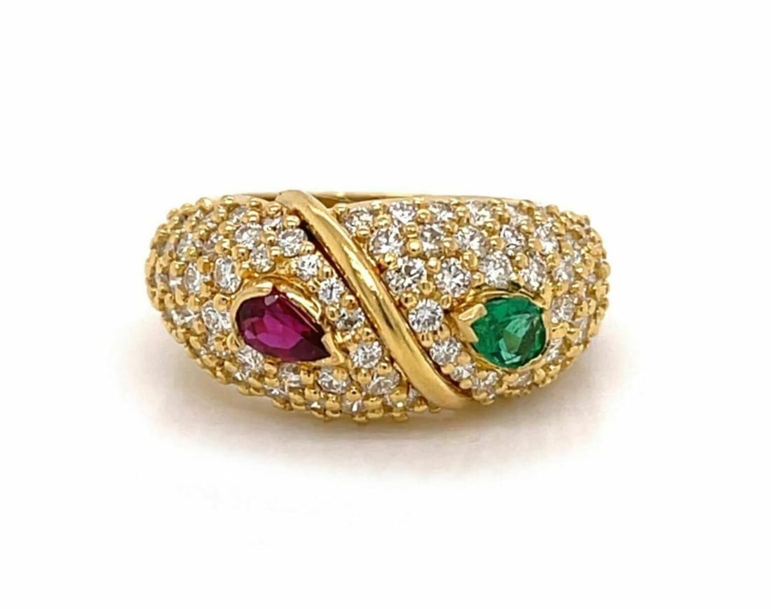 Hammerman Brothers 18k Yellow Gold Band Ring with Diamond Ruby Emerald Size 5.5: Hammerman Brothers 18k Yellow Gold Band Ring with Diamond Ruby Emerald Size 5.5 Hammerman Brothers original band ring in 18k yellow gold, designed with diamonds, rubies, and emeralds in a sculptural m