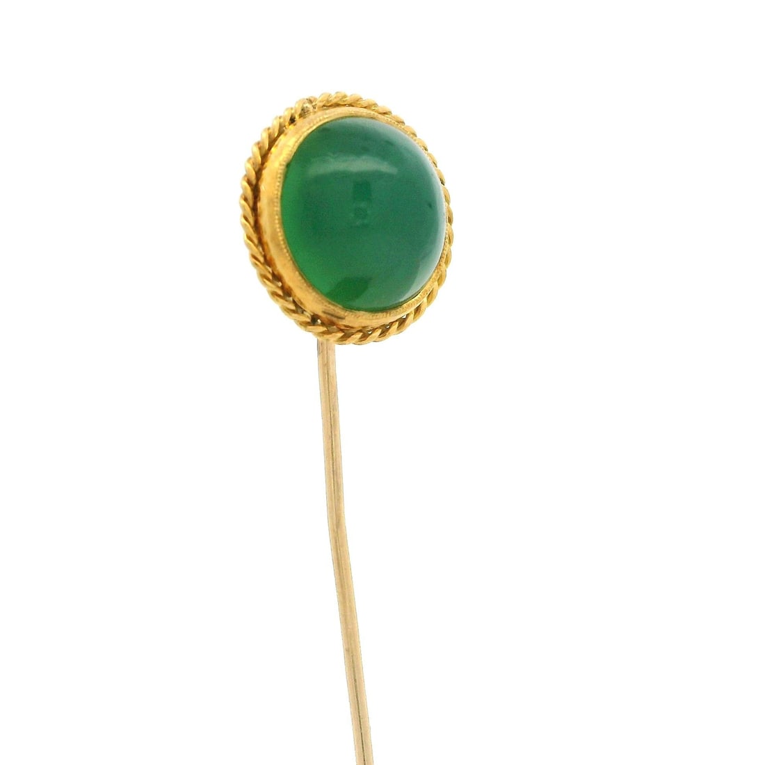 Vintage 14k Yellow Gold Green Chrysoprase Cabochon Stick Pin: Vintage 14k Yellow Gold Green Chrysoprase Cabochon Stick Pin This vintage collectible stick pin features a stunning natural green chrysoprase cabochon, expertly bezel set in lustrous 14k yellow gold. 