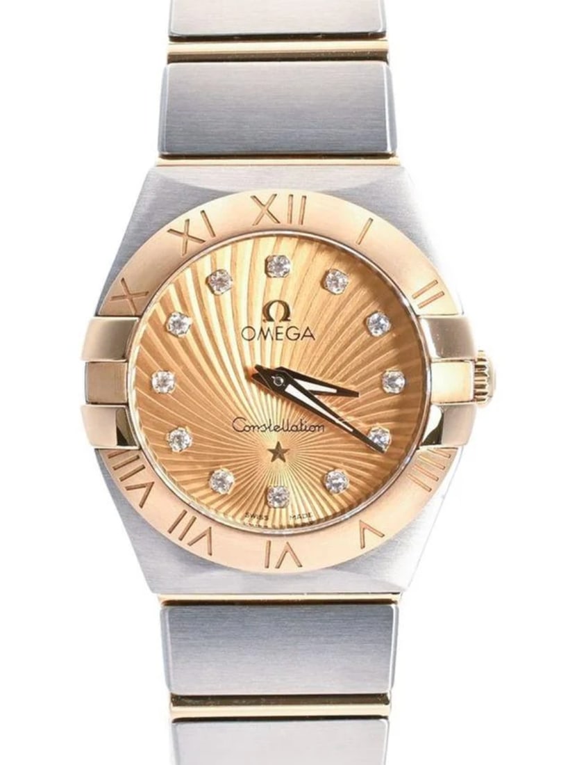 OMEGA Ref. 123.20.24.60.58.001 Constellation Unisex Watch Gold Diamond Dial: OMEGA Ref. 123.20.24.60.58.001 Constellation Unisex Watch Gold Diamond Dial OMEGA Constellation unisex watch featuring a gold dial with diamond markers, a smooth engraved bezel, and a two-tone 18k
