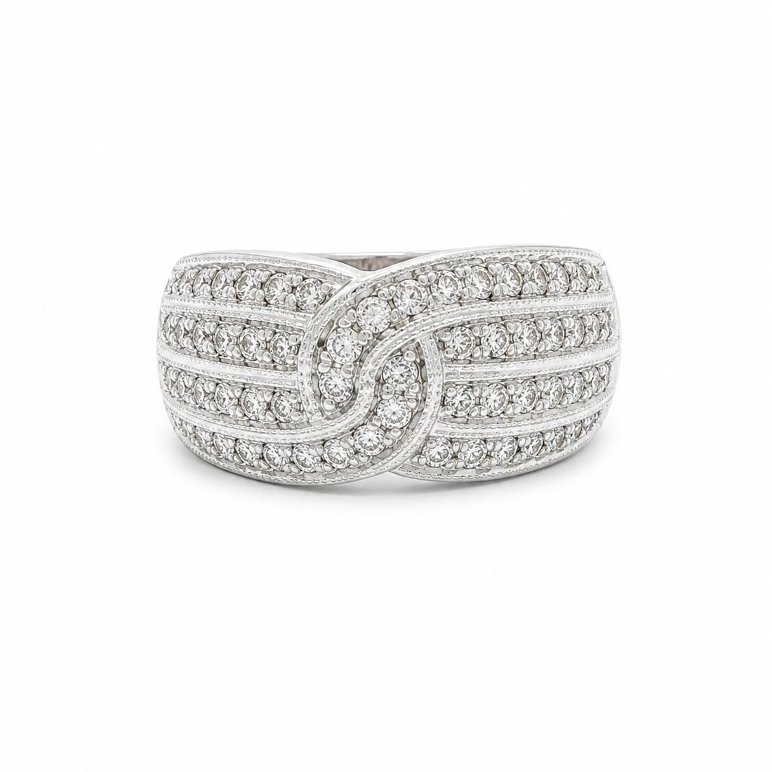 14k White Gold Diamond Knot Band Ring 0.45ctw Milgrain Etched: 14k White Gold Diamond Knot Band Ring 0.45ctw Milgrain Etched Pre-owned women's band ring featuring a four-row milgrain etched knot design with natural round brilliant-cut diamonds in solid 14k white 