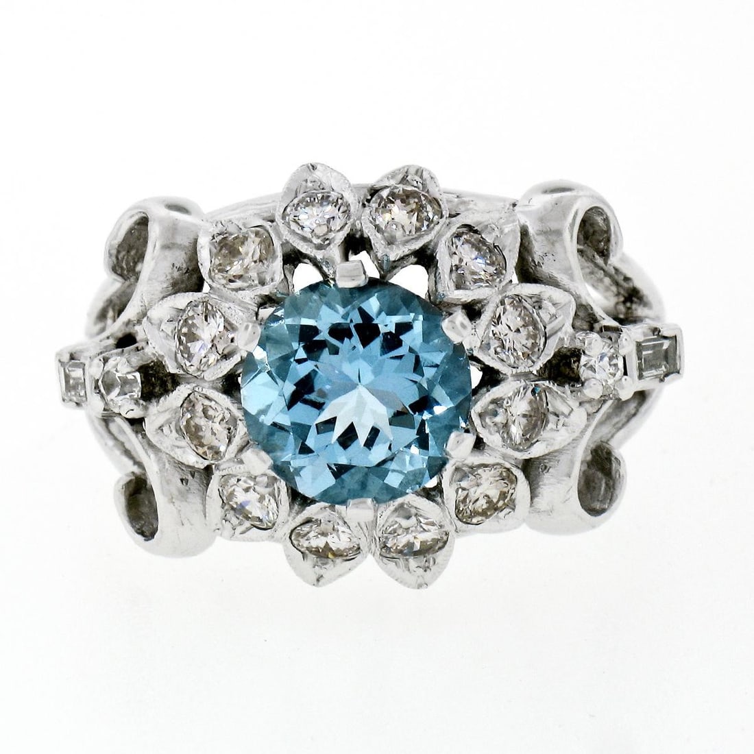Vintage 13-14k White Gold Dome Ring with Aquamarine and Diamond 2.85ctw (1 of 10)
