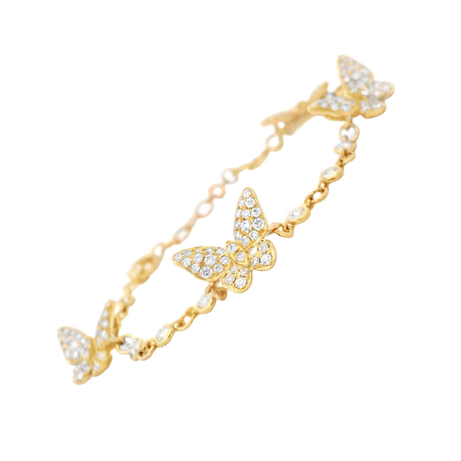 Butterfly Bracelet 18k Yellow Gold 1.65ct Diamonds: Butterfly Bracelet 18k Yellow Gold 1.65ct Diamonds Contemporary butterfly bracelet set with 194 round white diamonds totaling 1.65 ct in 18k yellow gold. The diamonds are approximately F/G color and V