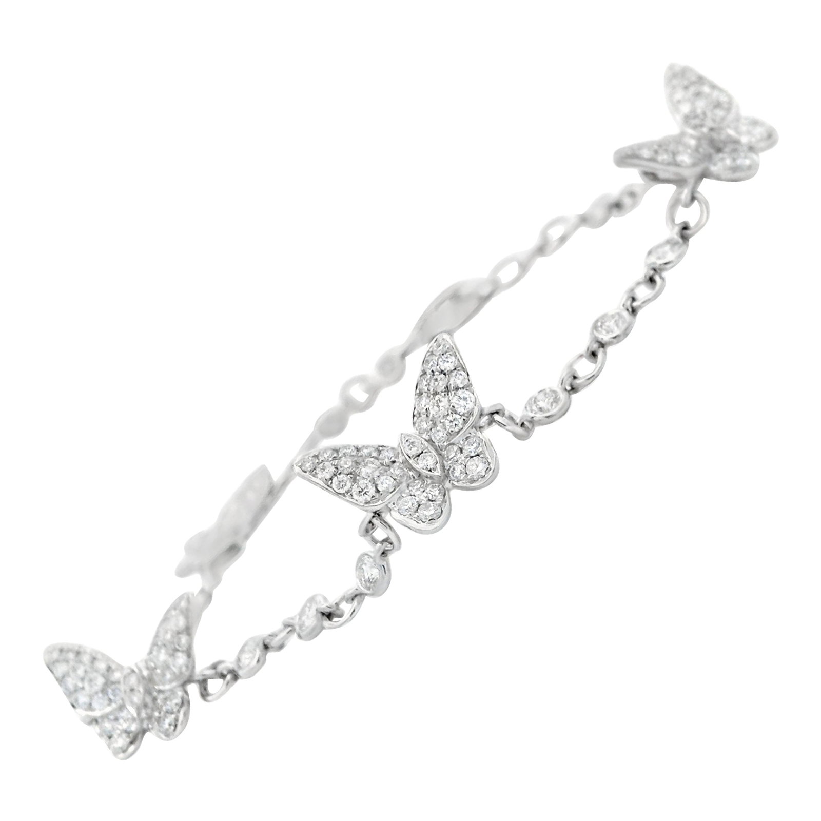 Butterfly Bracelet 1.68ct Diamond 18k White Gold: Butterfly Bracelet 1.68ct Diamond 18k White Gold Contemporary butterfly bracelet set with 194 round white diamonds totaling 1.68 ct in 18k white gold. The diamonds are approximately F/G color and VS c