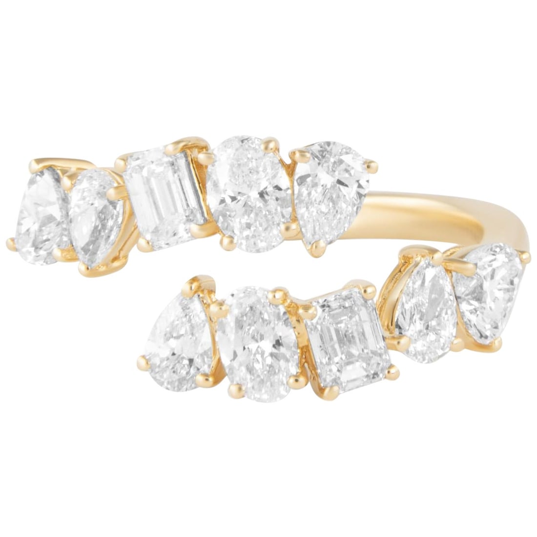 18k Yellow Gold Bypass Ring 1.84ct Diamond: 18k Yellow Gold Bypass Ring 1.84ct Diamond Modern bypass ring set with multi-cut white diamonds in 18k yellow gold. The design features pear, heart, emerald, and oval cut diamonds with a total diamond