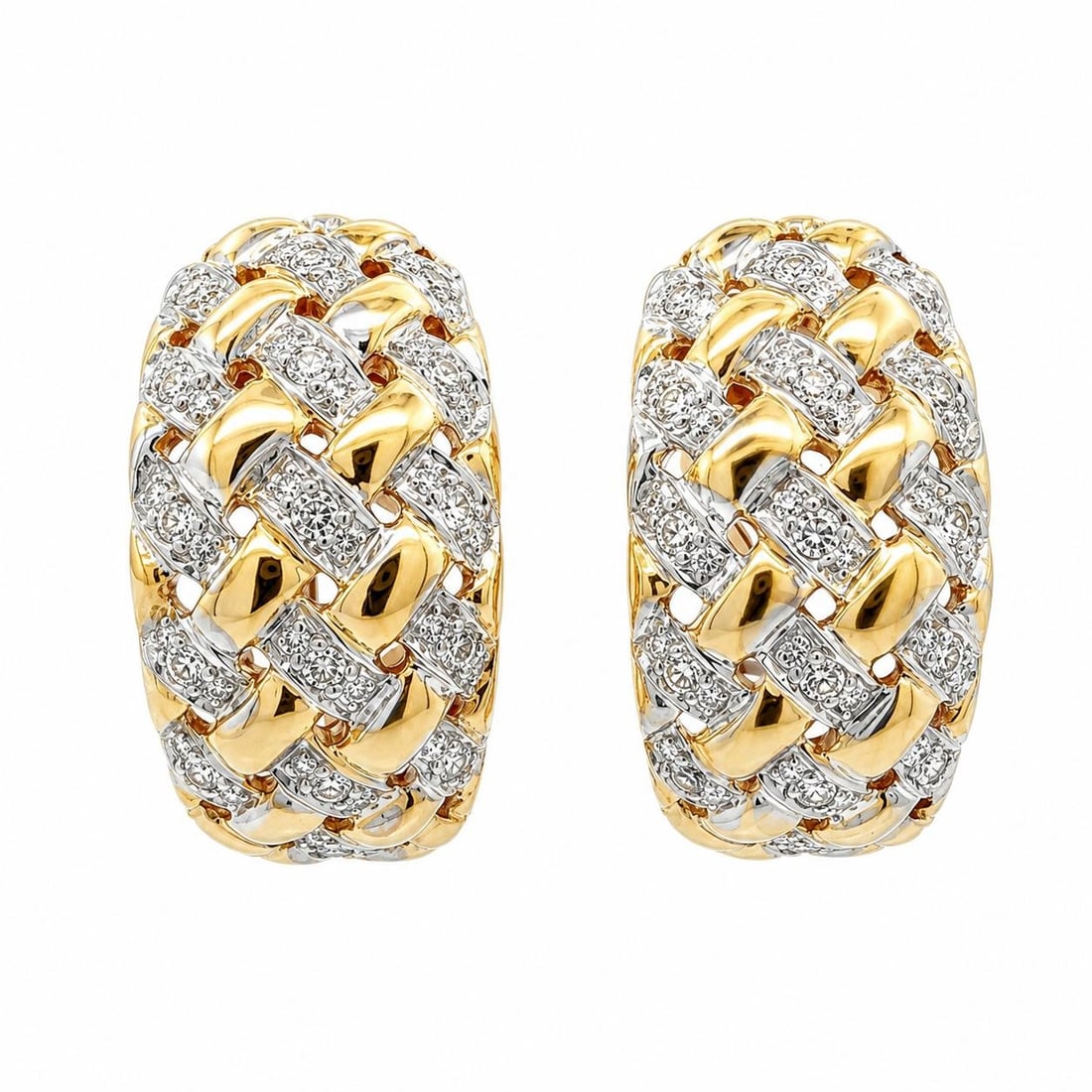 14k Yellow Gold Hoop Earrings 0.32ctw Natural Diamond Weave Design: 14k Yellow Gold Hoop Earrings 0.32ctw Natural Diamond Weave Design Wide hoop earrings in a woven braided basket pattern, crafted in solid 14k yellow gold with white gold accents and set with natural d