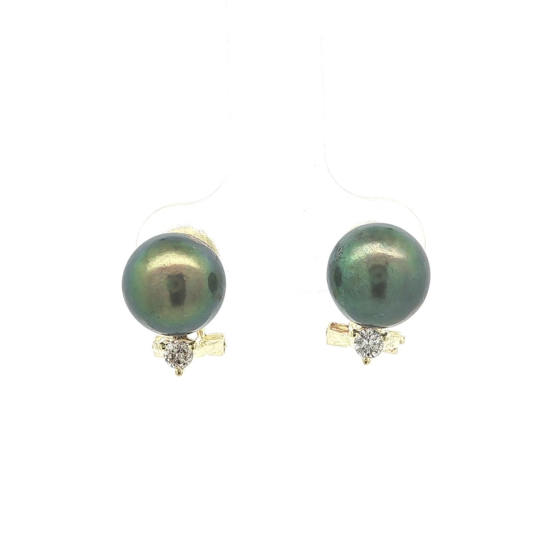 14k Yellow Gold Pearl Drop Earrings with Diamonds Omega Back: 14k Yellow Gold Pearl Drop Earrings with Diamonds Omega Back Elegant drop earrings crafted in solid 14k yellow gold, featuring cultured greenish gray pearls accented by natural diamonds. Designed with