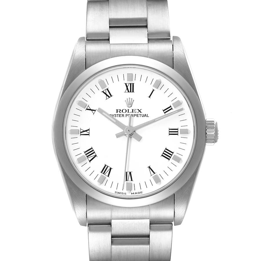Rolex 67480 Oyster Perpetual ladies watch white Roman dial with 1997 papers: Rolex 67480 Oyster Perpetual ladies watch white Roman dial with 1997 papers This Rolex Oyster Perpetual features a classic white Roman numeral dial and a smooth bezel, complemented by the iconic Oyste