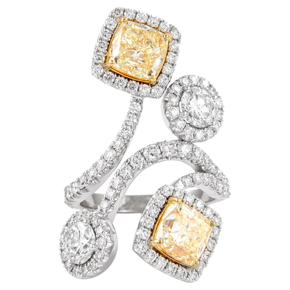 18k Gold Diamond Cocktail Ring 6.40ct GIA Yellow YZ: 18k Gold Diamond Cocktail Ring 6.40ct GIA Yellow YZ Cocktail ring in 18k white and yellow gold featuring yellow and white diamonds. The design includes two cushion-cut center diamonds and additional r