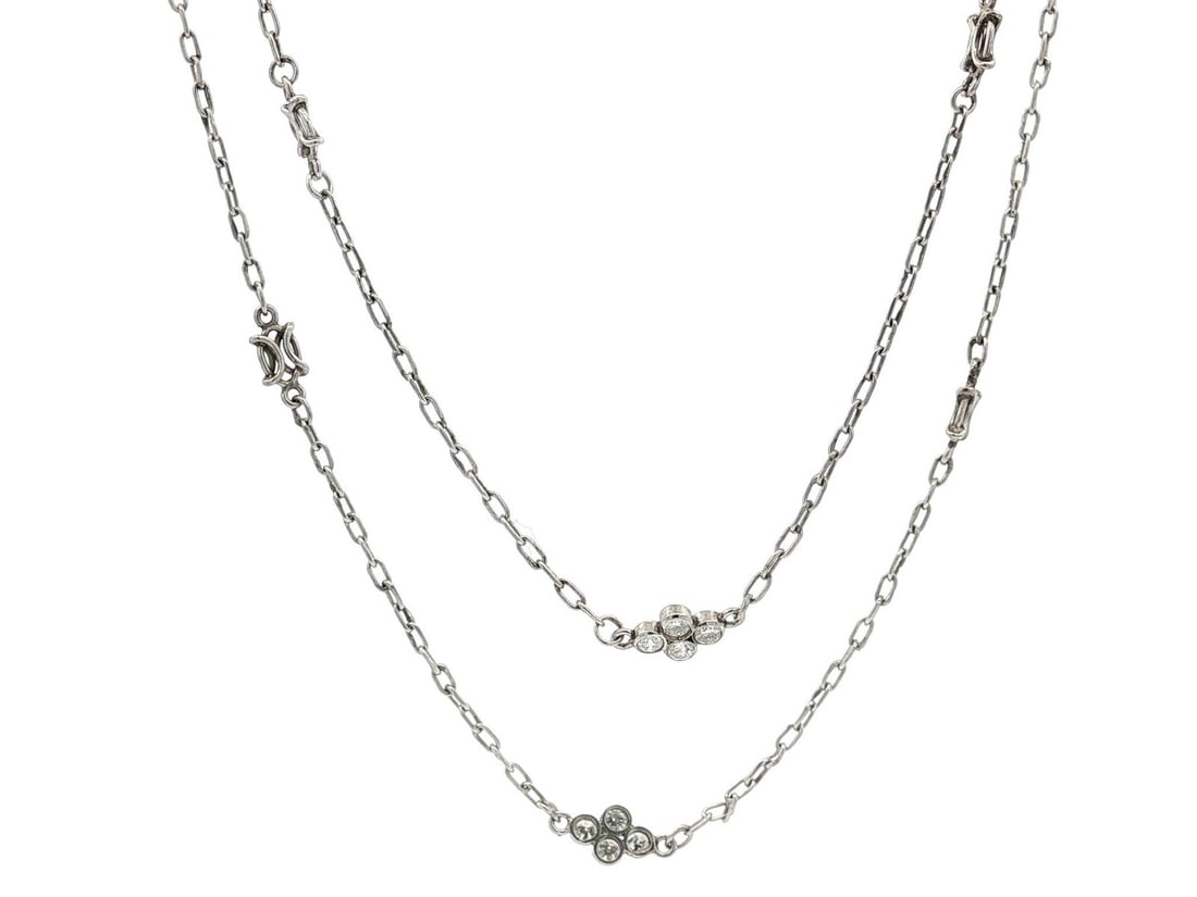 36 Inch Platinum Palladium Diamond Cluster Station Necklace: 36 Inch Platinum Palladium Diamond Cluster Station Necklace Vintage long chain necklace featuring bezel-set natural diamonds arranged in cluster stations along an open work link chain. Crafted in soli