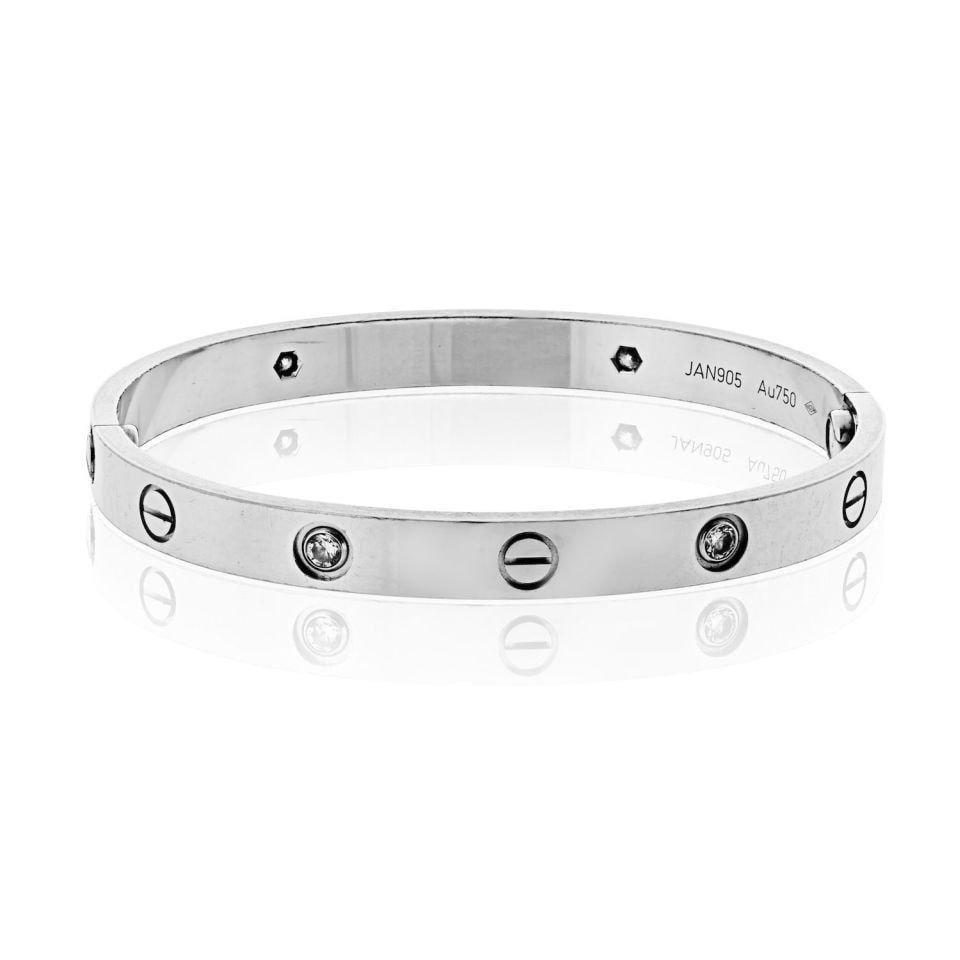Cartier Love bangle bracelet 18K white gold 4 diamonds size 17 certificate: Cartier Love bangle bracelet 18K white gold 4 diamonds size 17 certificate Cartier Love bangle bracelet crafted in 18K white gold with four diamonds in the classic screw motif design. This pre-owned b