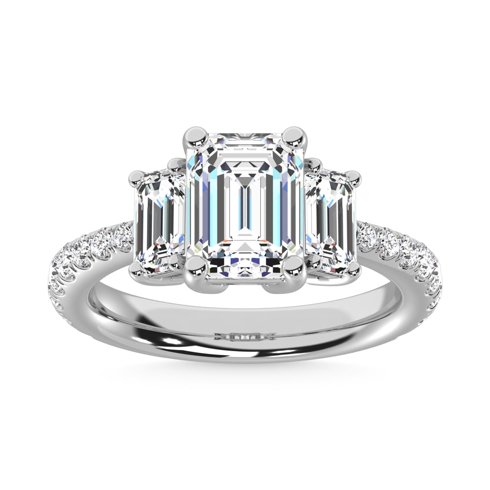 14K White Gold Lab Grown Diamond 6 5/8 Ct.Tw. Emerald Shape Three Stone Ring: 14K White Gold Lab Grown Diamond 6 5/8 Ct.Tw. Emerald Shape Three Stone Ring This stunning three-stone ring features a sparkling 4 CT Emerald Center diamond with two shimmering side diamonds, symboliz