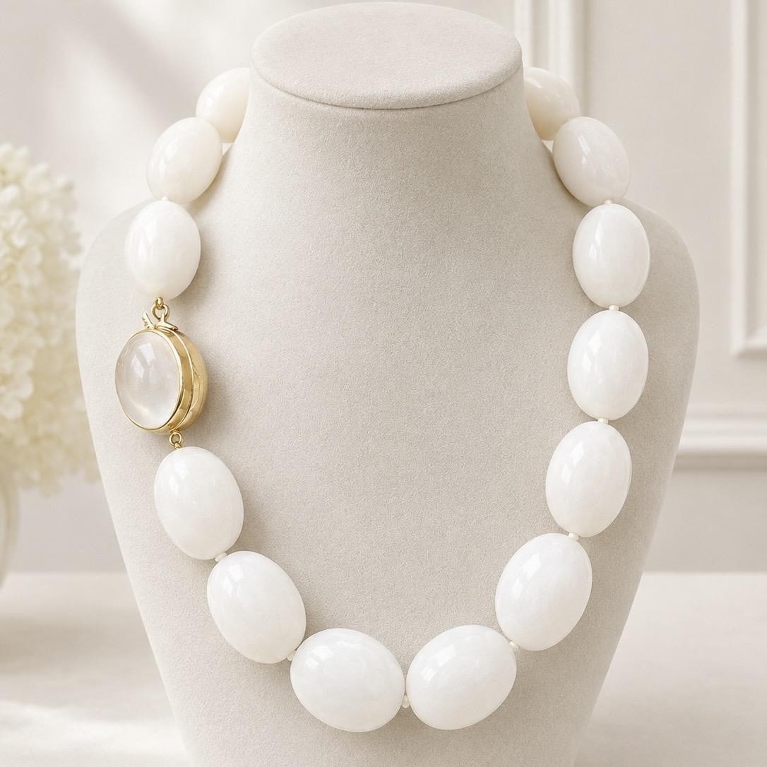 17 inch White Agate Beaded Necklace with 18k Gold Moonstone Clasp (1 of 6)