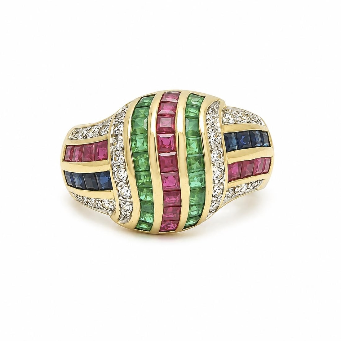 18k Yellow Gold Dome Ring with Sapphires Rubies Emeralds and Diamonds: 18k Yellow Gold Dome Ring with Sapphires Rubies Emeralds and Diamonds Pre-owned domed knot band ring crafted in solid 18k yellow gold with a 14k gold shank from prior sizing. The design features chann