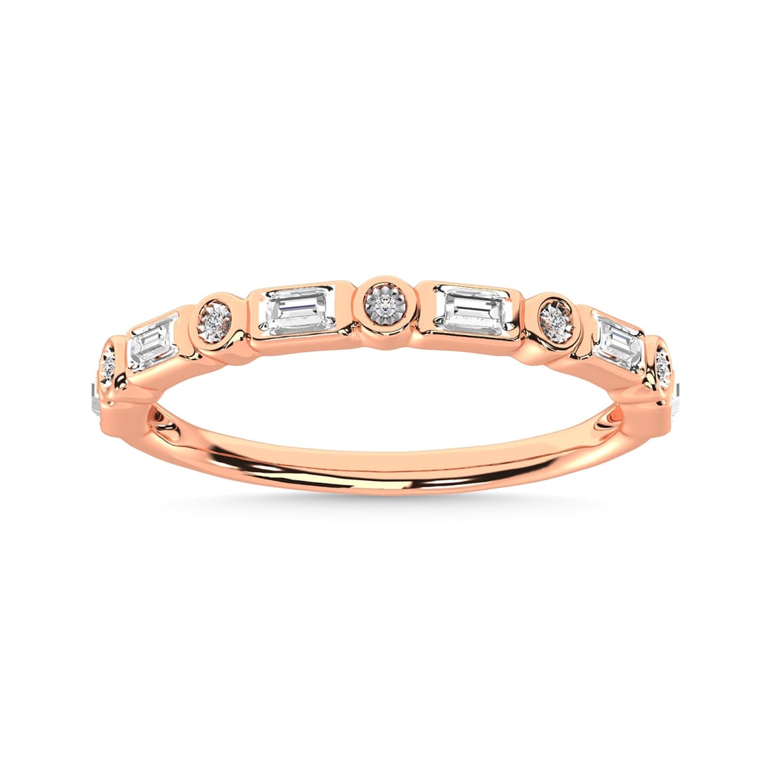 Diamond 1/8 Ct.Tw. Round and Baguette Stack Band in 14K Rose Gold: Diamond 1/8 Ct.Tw. Round and Baguette Stack Band in 14K Rose Gold 14k Rose Gold Stone Color: G-h Stone Clarity: I2-i3 Each ring is presented in standard size 6.5. Complimentary resizing is available