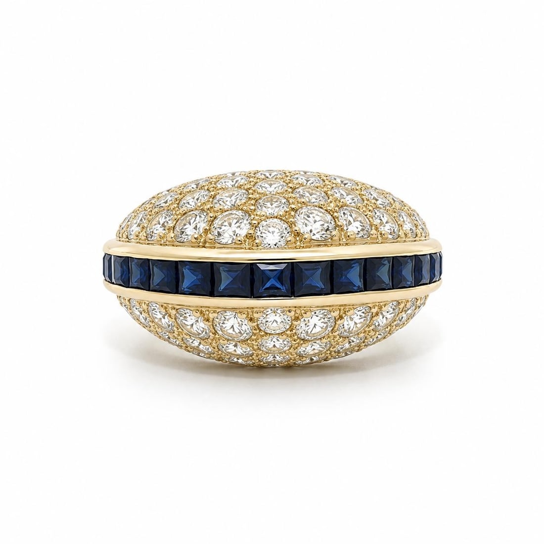 High Dome Yellow Gold Ring with Square Sapphires and 2.45ctw Diamonds: High Dome Yellow Gold Ring with Square Sapphires and 2.45ctw Diamonds High-domed band ring in solid yellow gold featuring 17 natural square step-cut blue sapphires in a channel setting, accented by 60