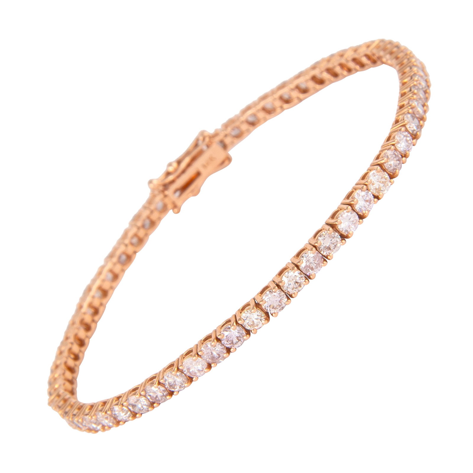 14k Rose Gold Diamond Tennis Bracelet 5.18ct: 14k Rose Gold Diamond Tennis Bracelet 5.18ct Diamond tennis bracelet set with 59 round brilliant diamonds totaling 5.18 ct in a four-prong 14k rose gold setting. This modern bracelet was made in 2022 
