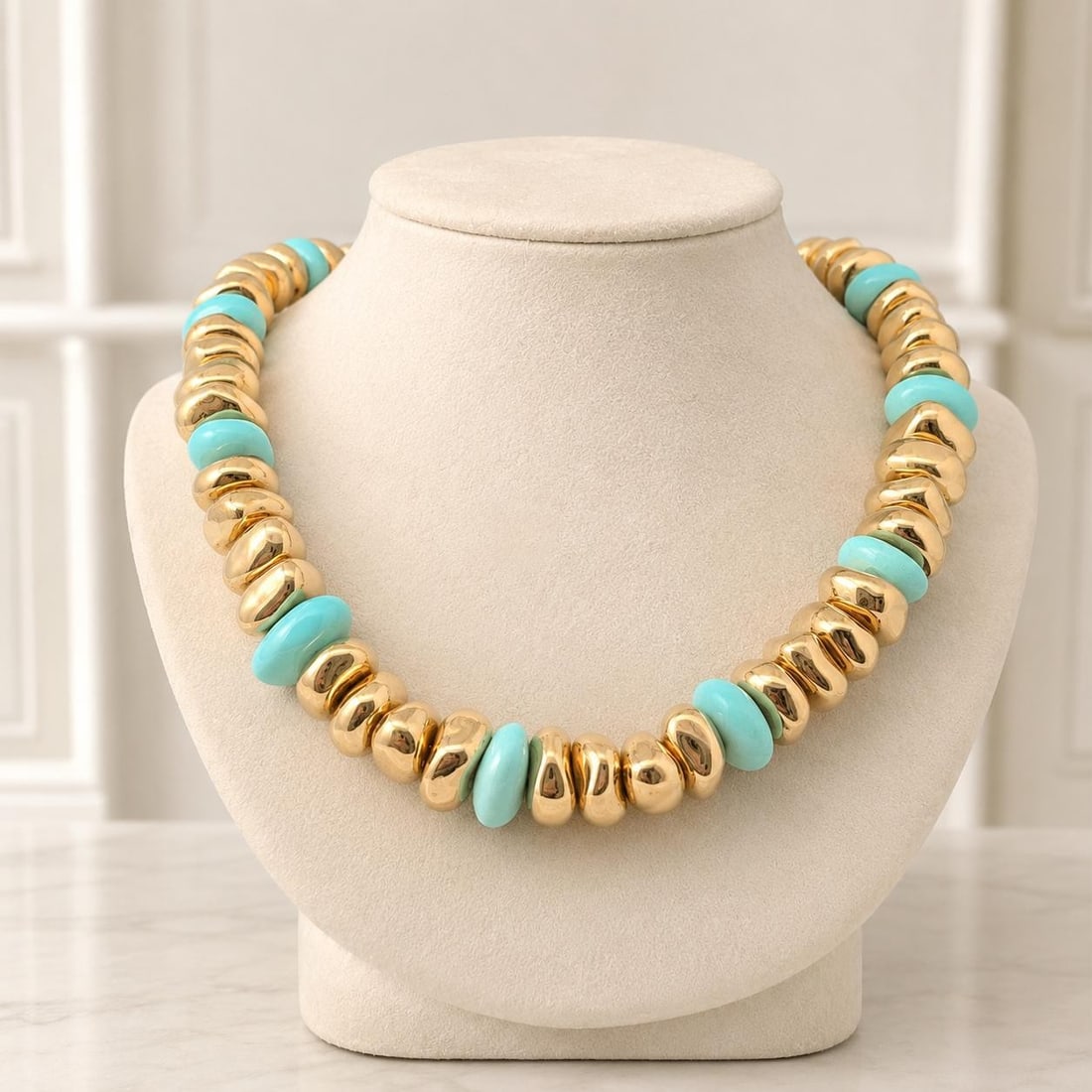 18k Yellow Gold Adjustable Station Necklace with 11 Turquoise Pebble Beads: 18k Yellow Gold Adjustable Station Necklace with 11 Turquoise Pebble Beads Italian Effedue adjustable station necklace featuring polished puffed 18k yellow gold beads and natural pebble turquoise bead