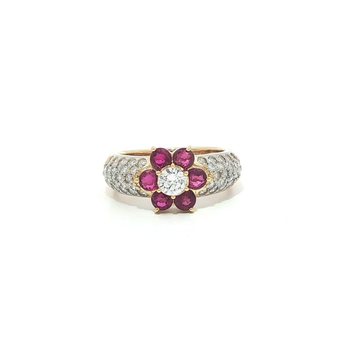 Ruby and Diamond Cluster Floral Cocktail Ring in 18k Yellow Gold with Platinum Accents: Ruby and Diamond Cluster Floral Cocktail Ring in 18k Yellow Gold with Platinum Accents This cocktail ring features a striking cluster flower design set with natural round brilliant cut rubies and diam