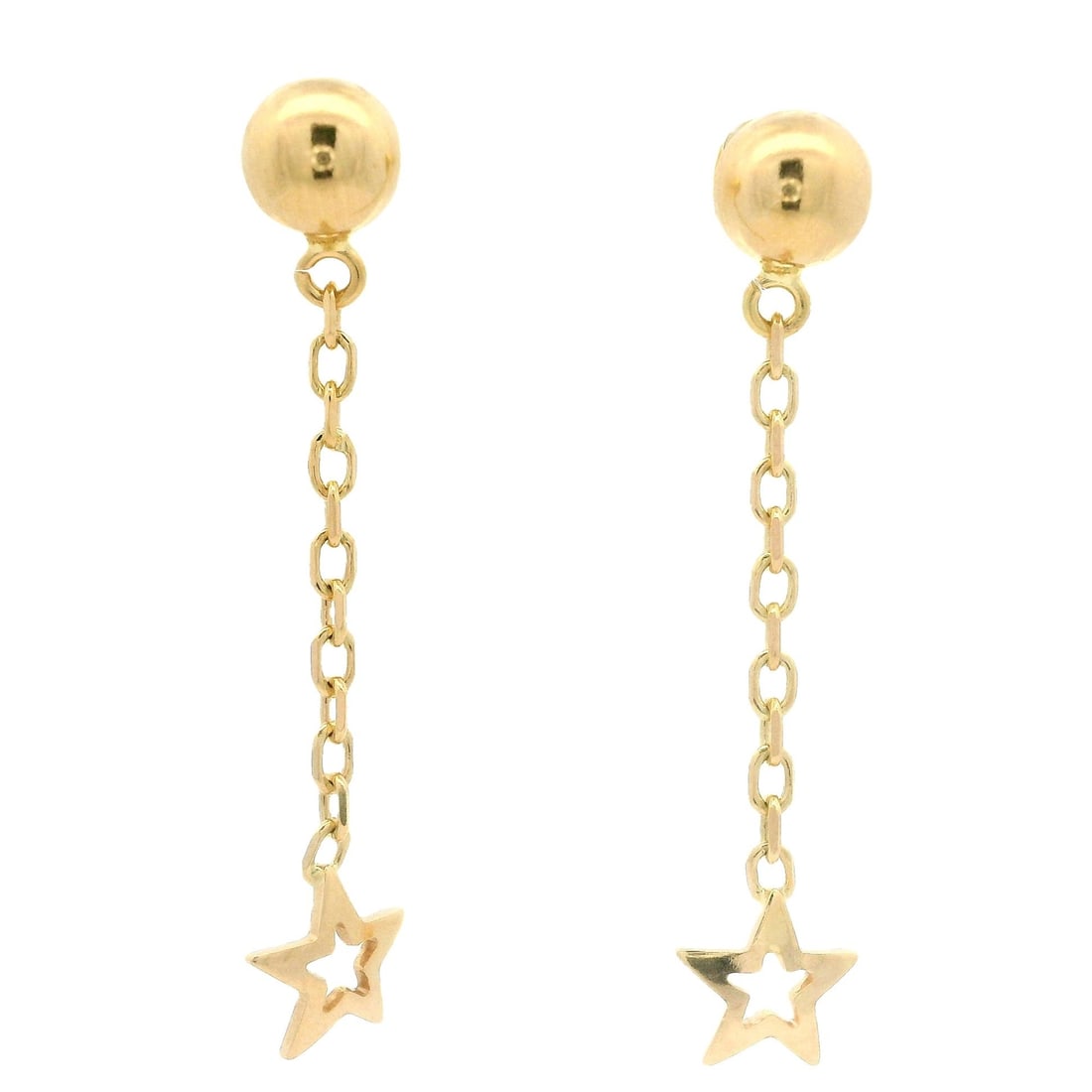 18k Yellow Gold Dangle Earrings with Star and Bead Design: 18k Yellow Gold Dangle Earrings with Star and Bead Design Elevate your style with these stunning 18k Yellow Gold Dangle Earrings. Featuring a unique design with bead stud accents and a long cable