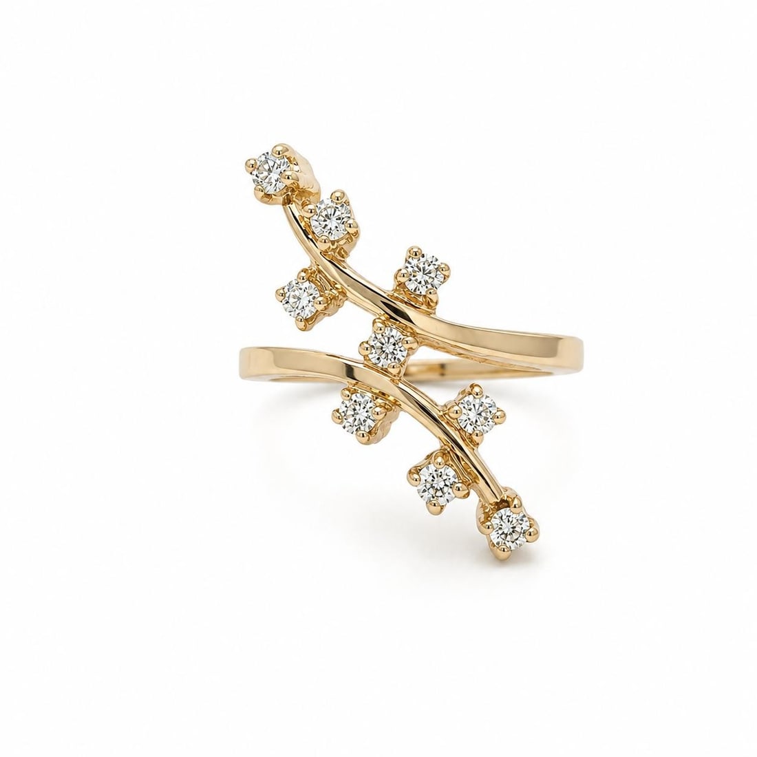 14k Yellow Gold Diamond Leaf Branch Bypass Ring 0.30ctw: 14k Yellow Gold Diamond Leaf Branch Bypass Ring 0.30ctw Pre-owned women's bypass ring in a leaf and tree branch design, crafted in solid 14k yellow gold and set with natural genuine round brilliant cu