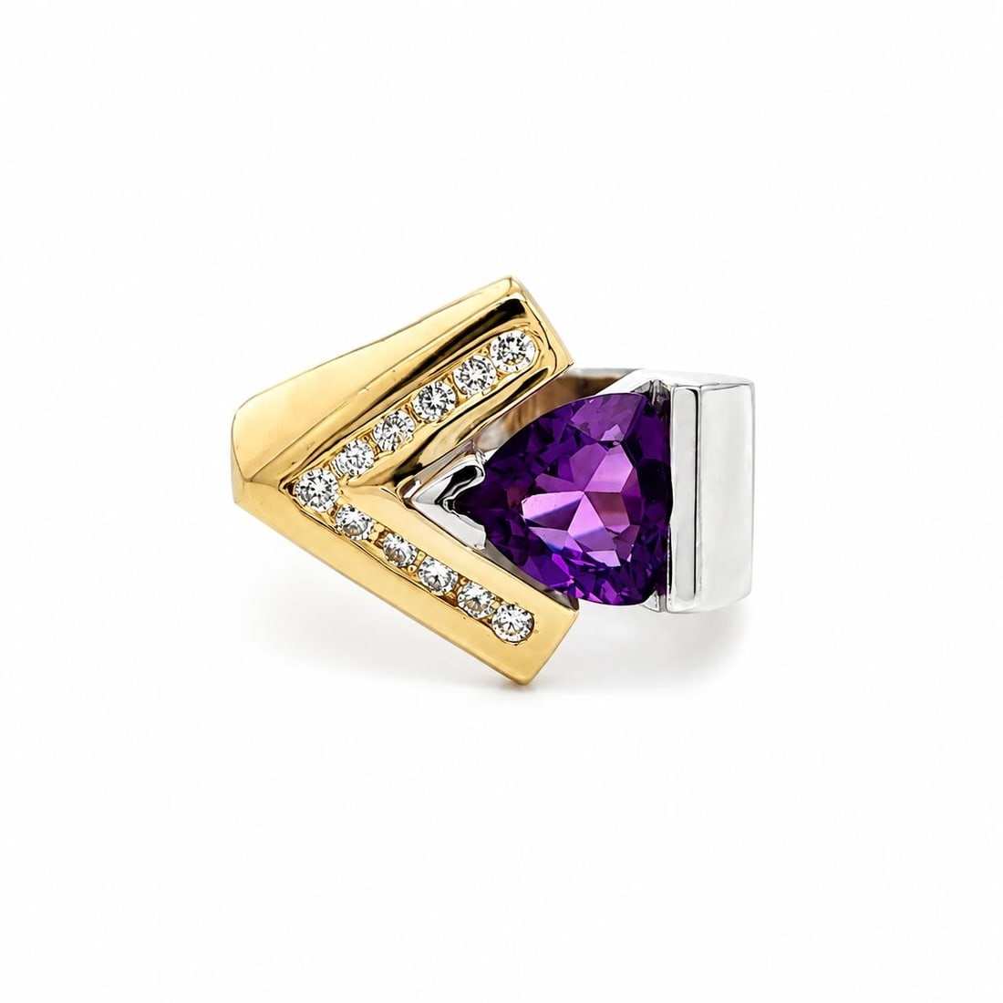 Chevron Cocktail Ring 14k Yellow White Gold Amethyst and Diamond Matte Finish: Chevron Cocktail Ring 14k Yellow White Gold Amethyst and Diamond Matte Finish Pre-owned cocktail ring featuring a natural trillion-cut amethyst accented by 11 natural round brilliant diamonds in a che