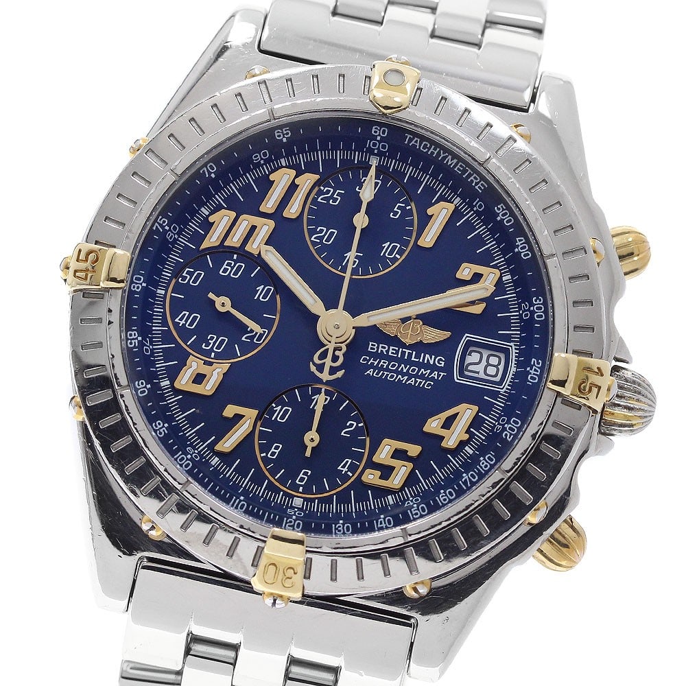 Breitling Chronomat B13350 mens automatic chronograph wristwatch: Breitling Chronomat B13350 mens automatic chronograph wristwatch Breitling Chronomat chronograph automatic men's wristwatch with a blue dial and stainless steel and yellow gold-tone case. Features inc