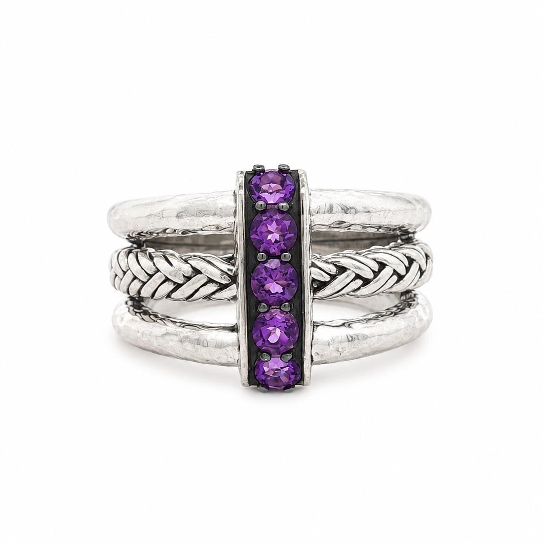 John Hardy Jai sterling silver band ring with amethyst braided design: John Hardy Jai sterling silver band ring with amethyst braided design Jai by John Hardy stacked band ring featuring five natural amethysts in a hammered and braided weave design. Crafted in sterling s
