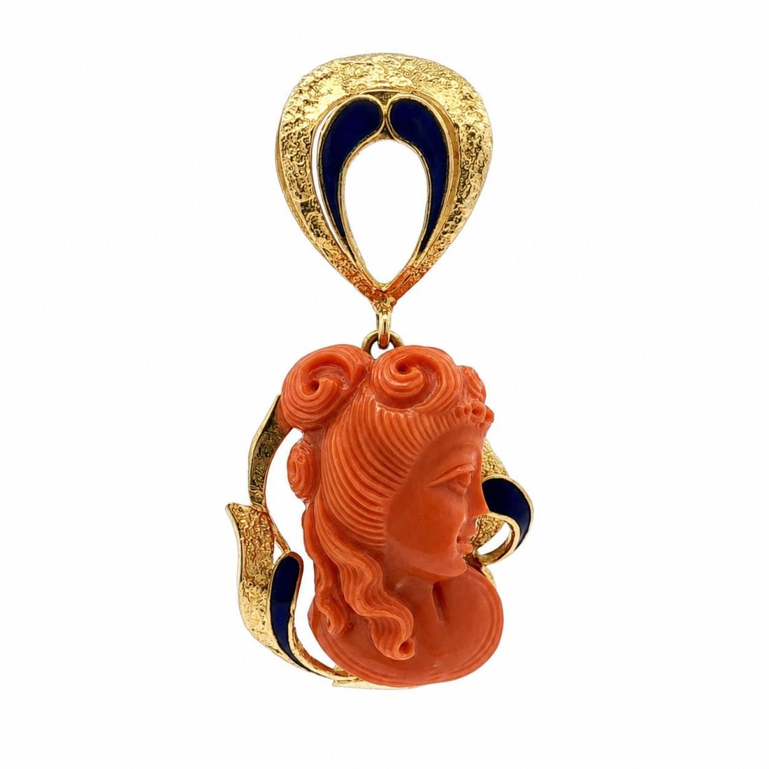 Italian 18k Yellow Gold Slide Pendant with GIA Coral Cameo Blue Enamel: Italian 18k Yellow Gold Slide Pendant with GIA Coral Cameo Blue Enamel Vintage slide pendant crafted in solid 18k yellow gold with blue enamel work, featuring a natural carved coral lady portrait came