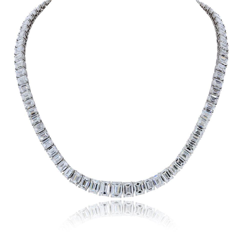 Riveria Platinum Diamond Necklace 79.26 Cts with GIA Certified Stones: Riveria Platinum Diamond Necklace 79.26 Cts with GIA Certified Stones Exceptional pre-owned necklace set with natural emerald cut diamonds in a graduated design. The piece features individually GIA ce